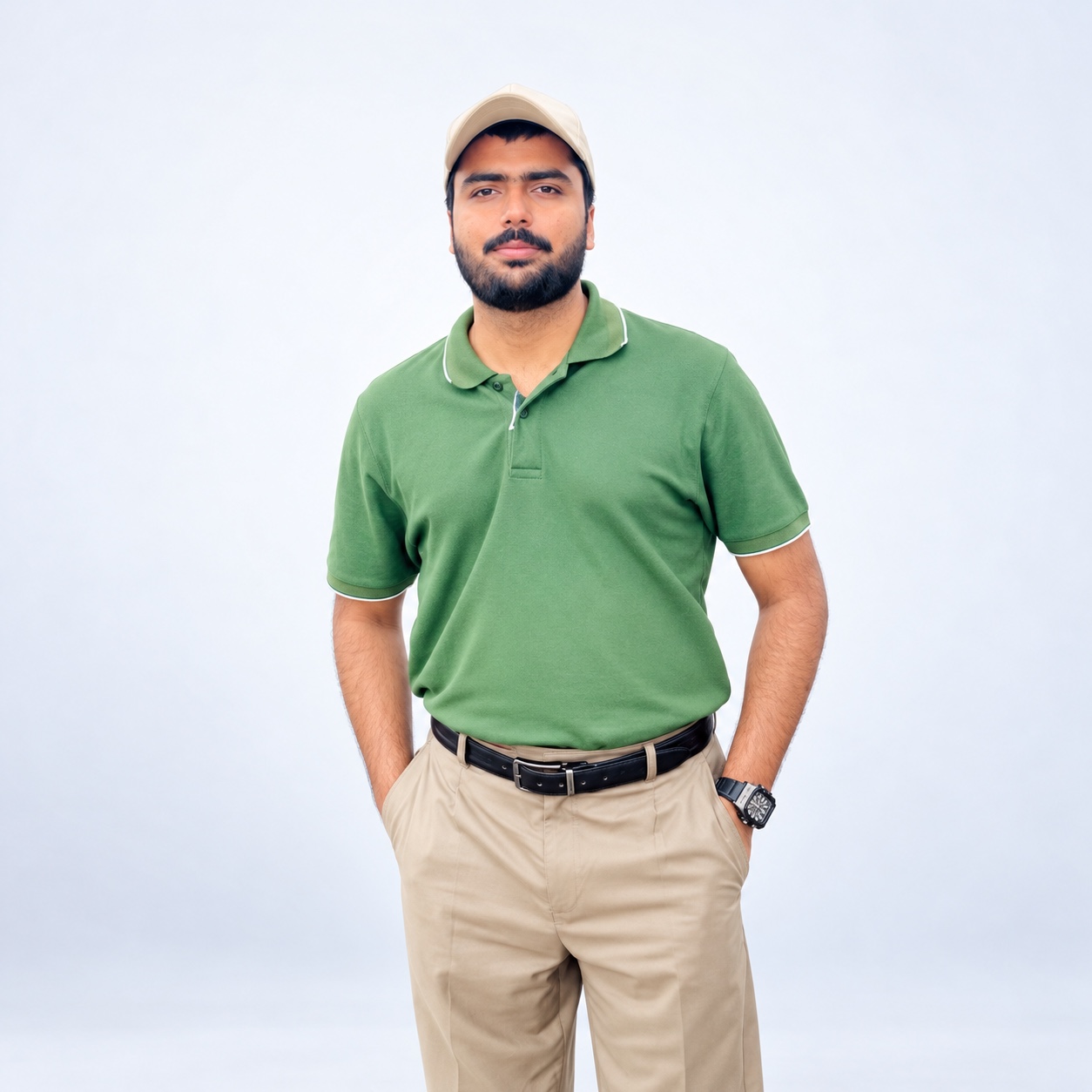 Nasir Farooq wearing a green polo and beige cap