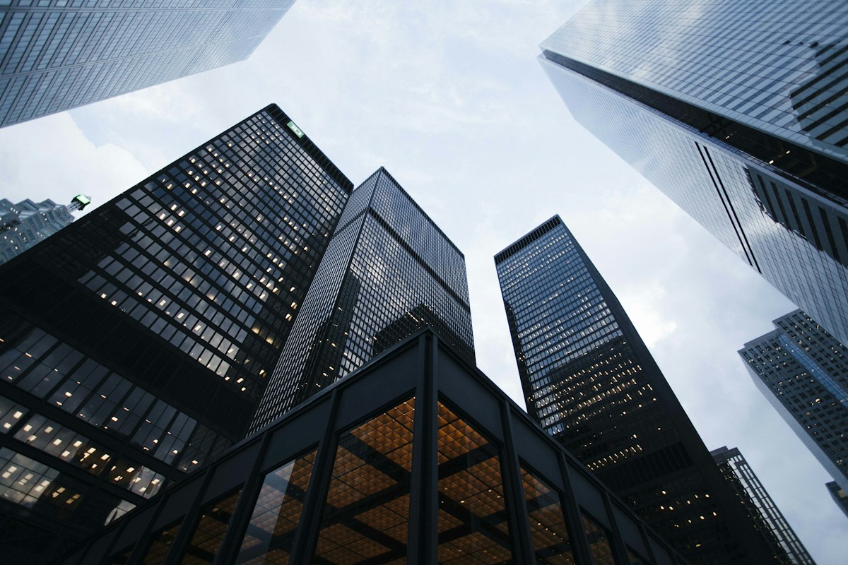 Modern commercial buildings photographed from below